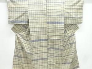 アンティーク　格子模様織出し手織り紬単衣着物